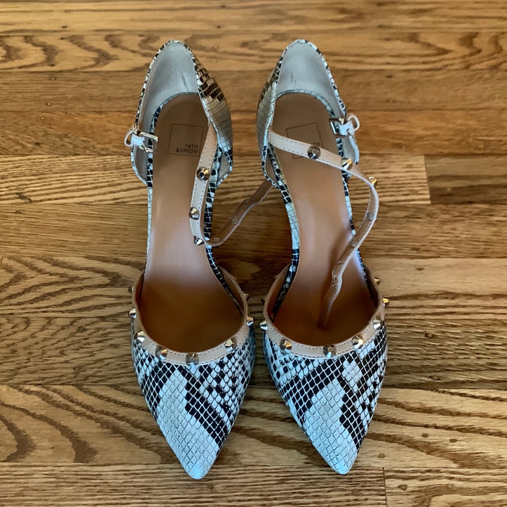 Snake print ankle strap heels
